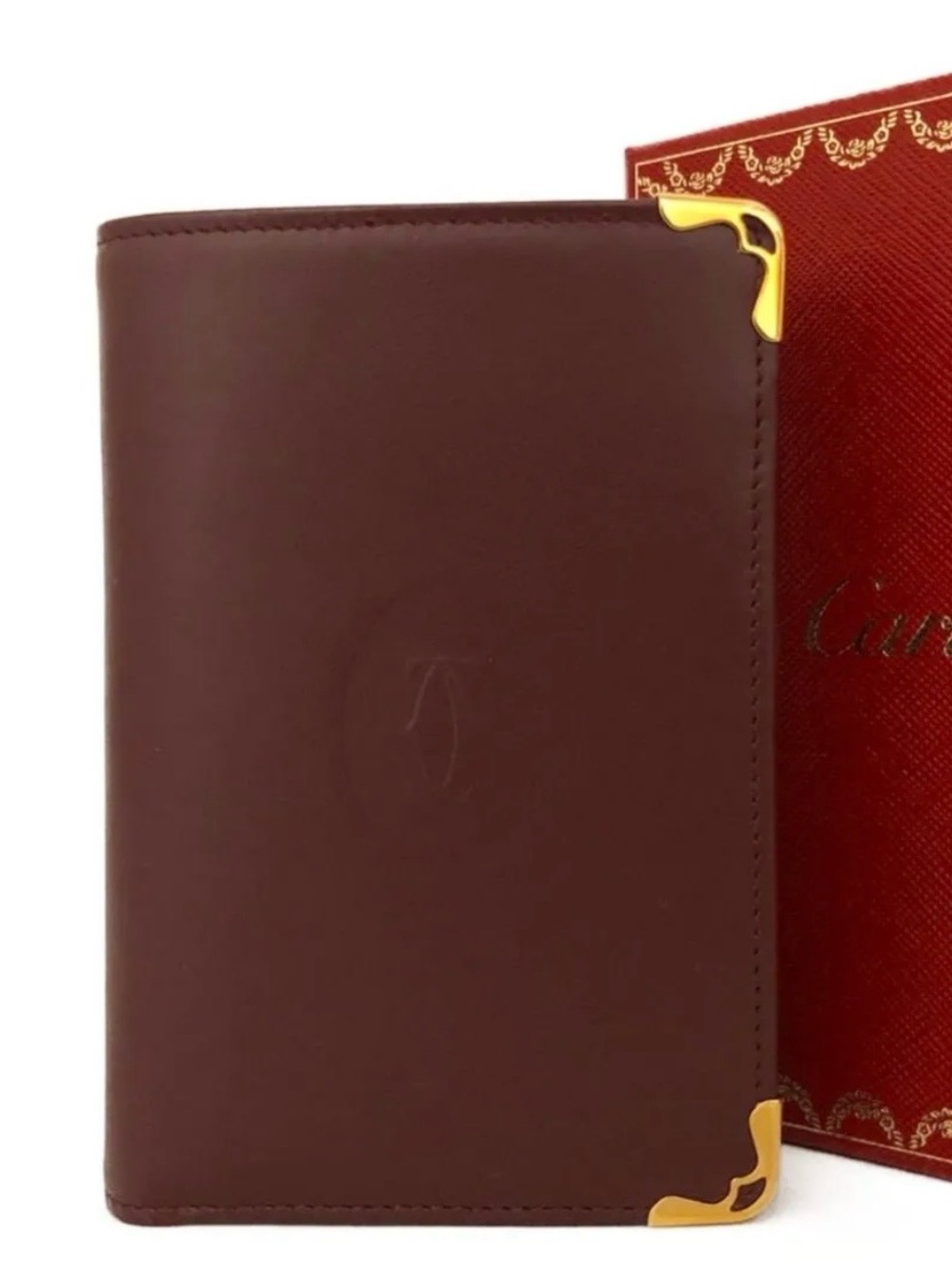 NIB Authentic Vintage Must de Cartier Burgundy Leather Trifold Wallet Gold